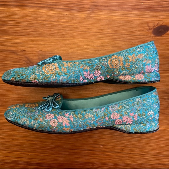 Vintage Daniel Green Teal Floral Brocade Comfy House Slippers - Size 6.5 / 7 - Picture 4 of 10